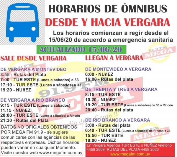 Horarios de omnibus en Vergara tras la emergencia sanitaria 15/06/20