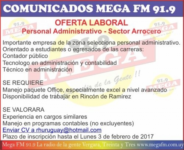 Oferta laboral administrativos sector arrocero zona Rinc&oacute;n de Ramirez - hasta el 3/02/17