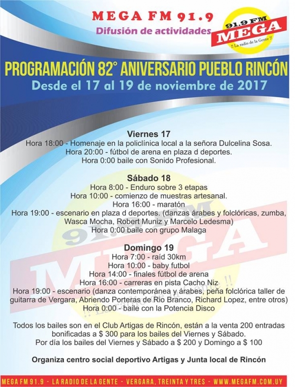 Programaci&oacute;n 82&deg; aniversarios de la localidad de Rinc&oacute;n